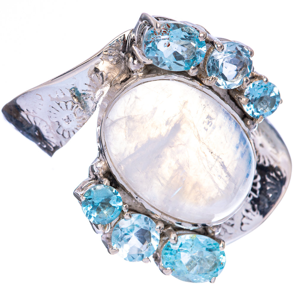 925 sterling silver ring with oval rainbow moonstone center and multiple sky-blue topaz stones