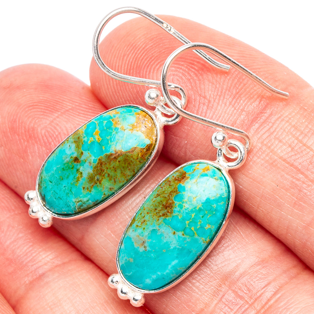 Oval Arizona turquoise drop earrings in 925 sterling silver, bead accents, fishhook