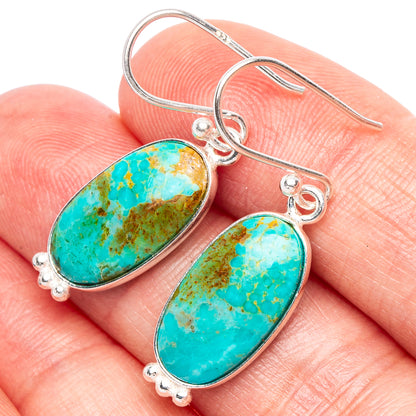 Oval Arizona turquoise drop earrings in 925 sterling silver, bead accents, fishhook