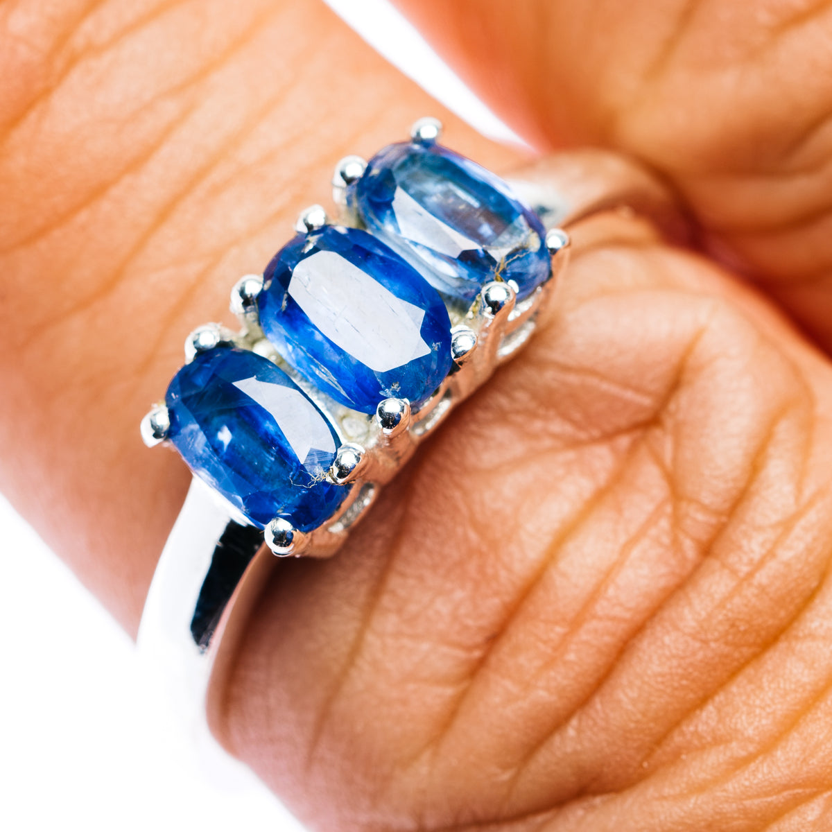 3-stone kyanite ring, .925 sterling silver, three blue gemstones with prong settings
