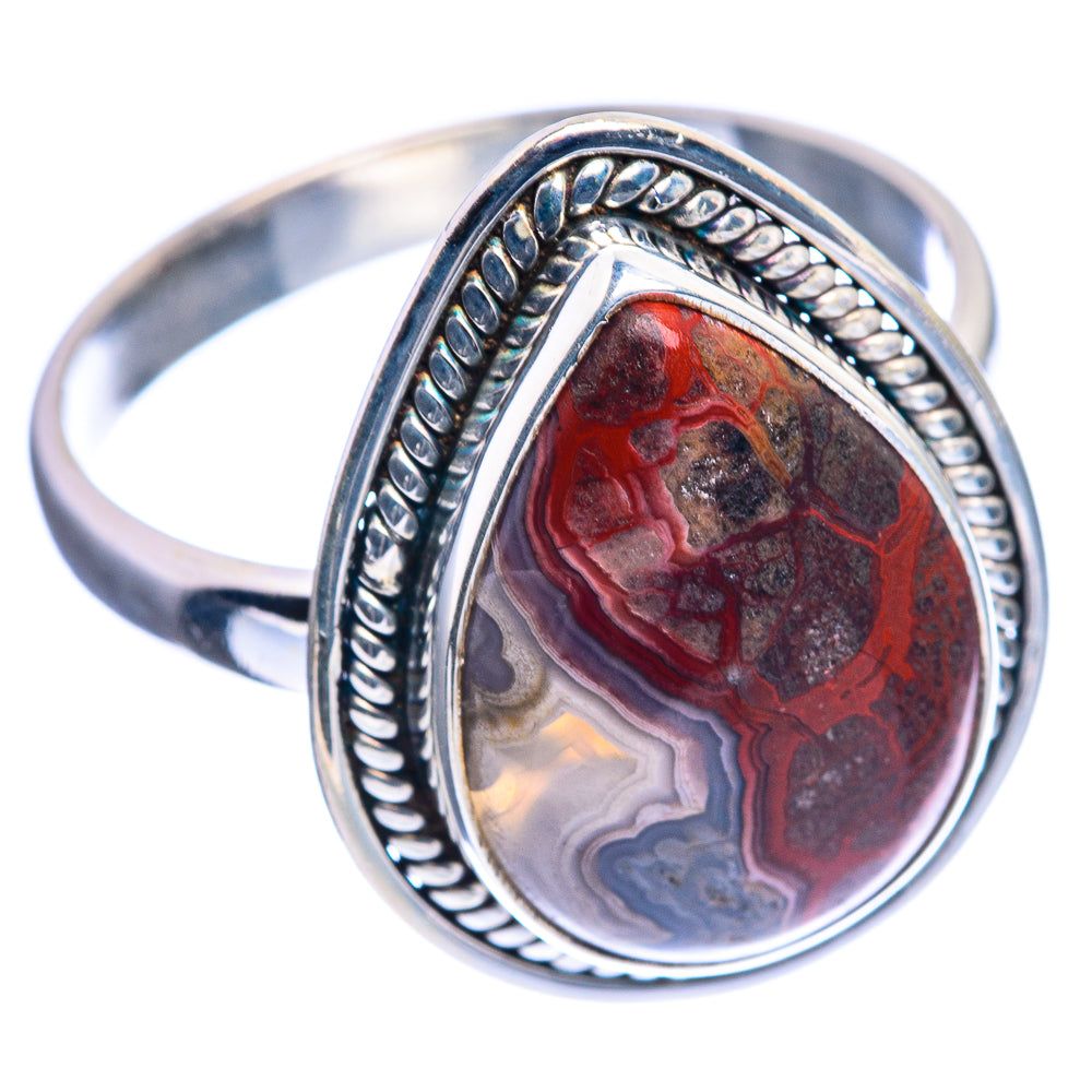 Sterling silver ring with oval crazy lace agate centerpiece, red and gray patterns