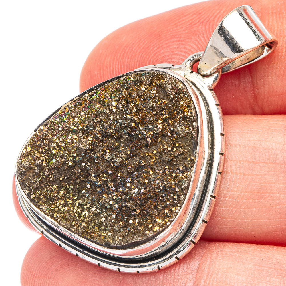 Spectro Pyrite Druzy 925 Sterling Silver Pendant 1 1/2" (925 Sterling Silver) P43657