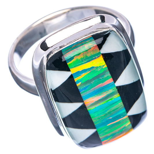 Sterling silver ring with oval bezel, rainbow opal stripe and black/white check pattern