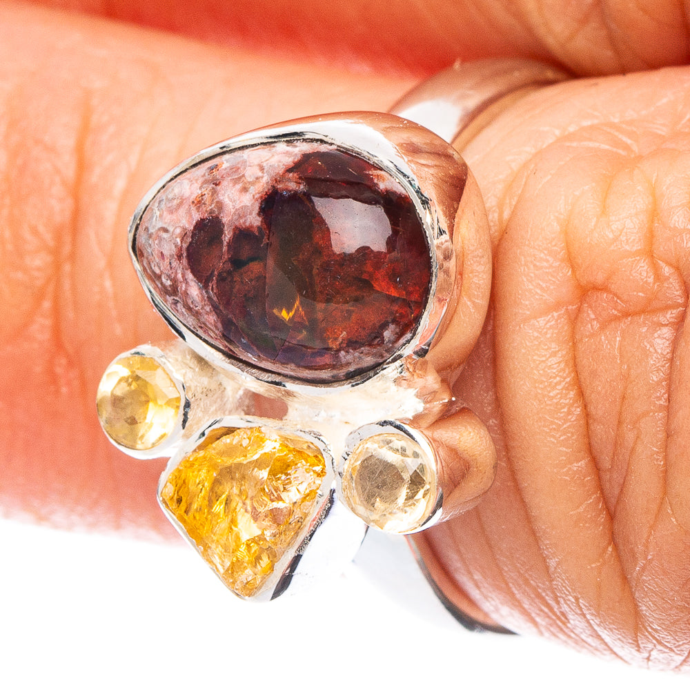 925 sterling silver ring with oval dark red fire opal and yellow citrine accents
