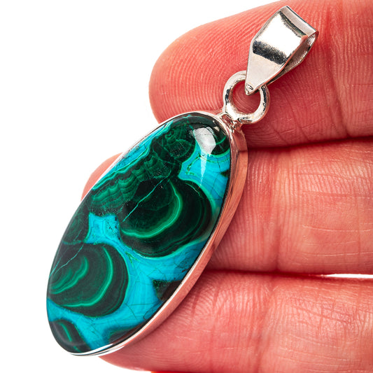 Teardrop malachite and chrysocolla pendant, sterling silver bail and bezel, blue-green