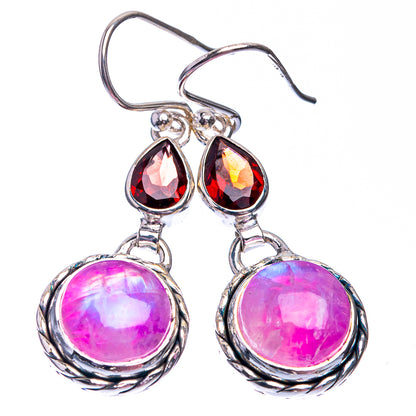 Pink Moonstone, Garnet Earrings 1 1/2" (925 Sterling Silver) E432393