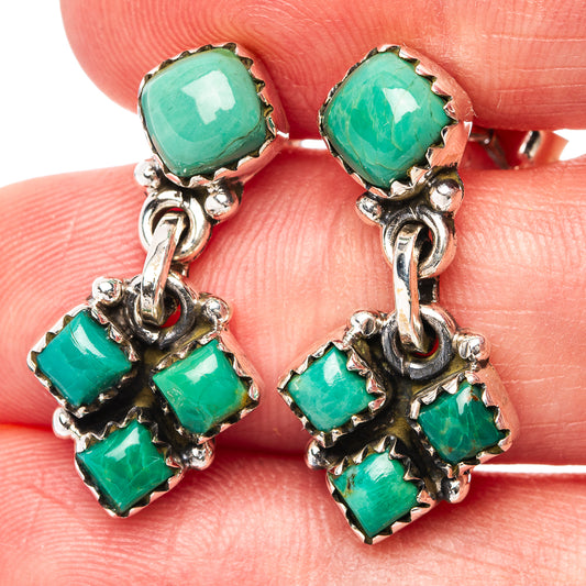 Turquoise cluster drop earrings with sterling silver frames and green cabochons