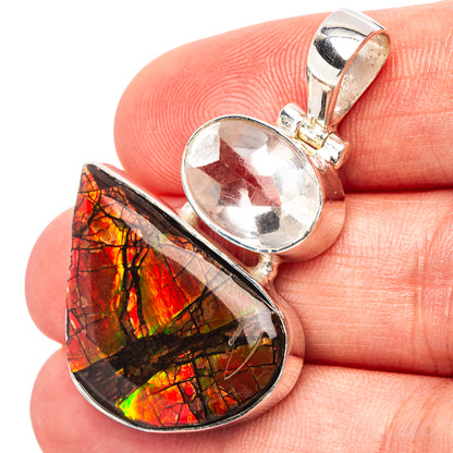 Premium Canadian Ammolite, White Quartz Pendant 1 5/8" (.925 Sterling Silver)