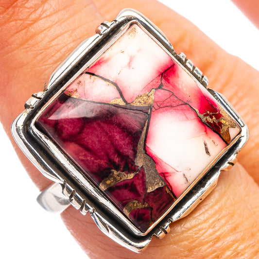 Sterling silver square gemstone ring with pink-red marbled stone and ornate bezel