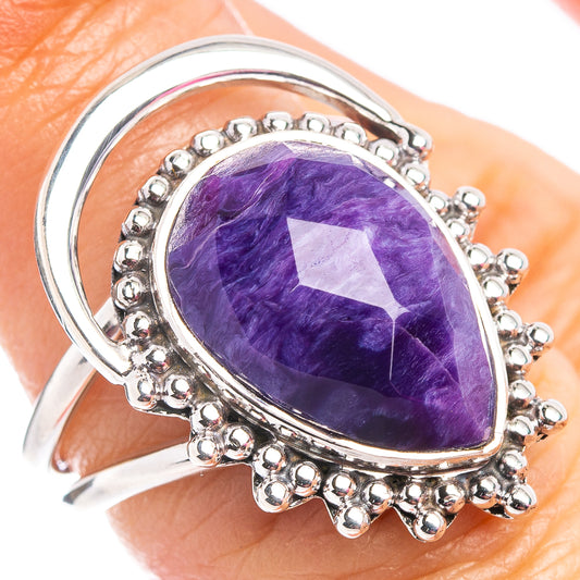 925 sterling silver Charoite oval ring with purple gemstone and beaded halo setting