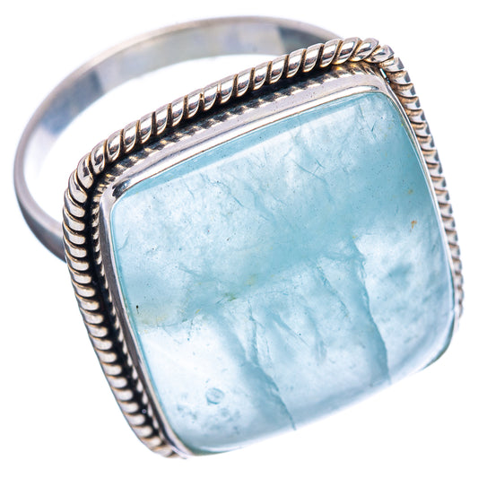 Sterling silver ring, size 10, blue square aquamarine cabochon, rope-edged setting