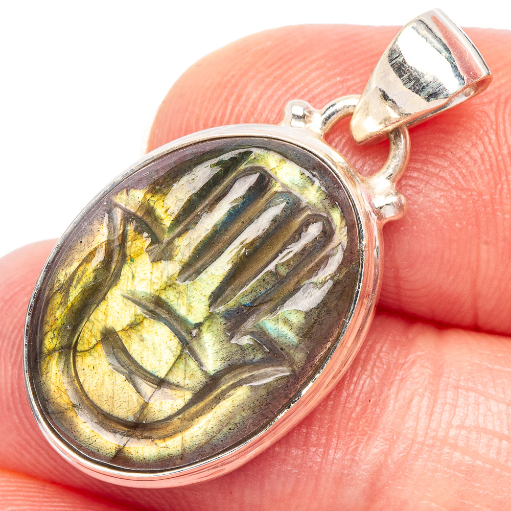 Carved Labradorite Hand Pendant 1 1/8" (925 Sterling Silver) P44248