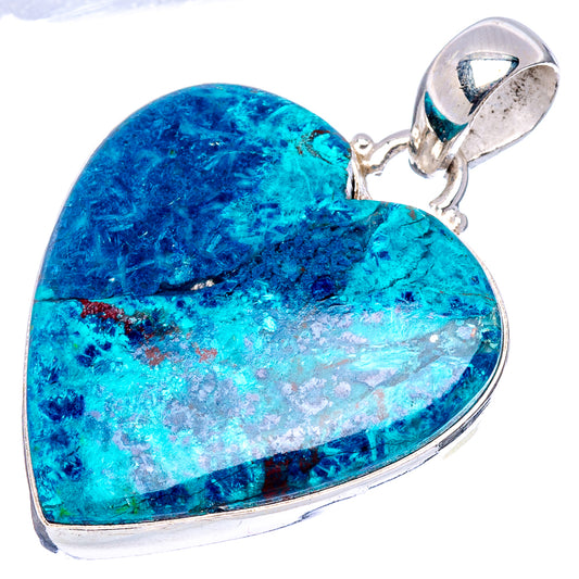 Blue heart shattuckite pendant in .925 sterling silver bezel with loop bail