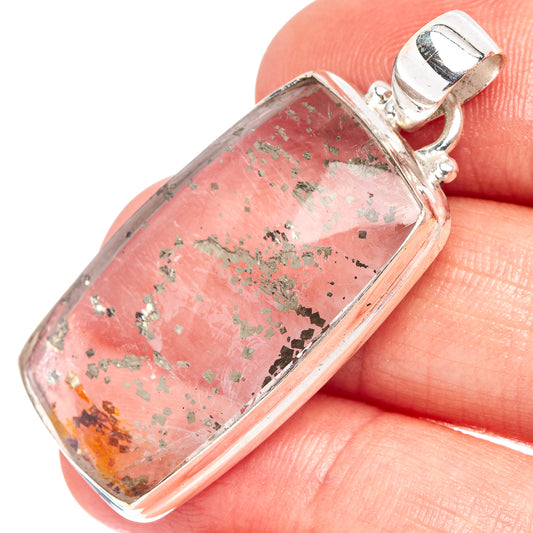 Sterling silver marcasite-in-quartz pendant with pink rectangular stone and glitter specks