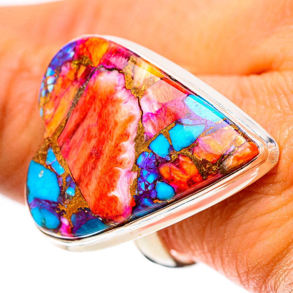 Heart-shaped mosaic inlay ring with turquoise, pink, orange stones and sterling silver band