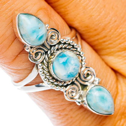 Larimar ring, ornate .925 sterling silver with three oval blue stones