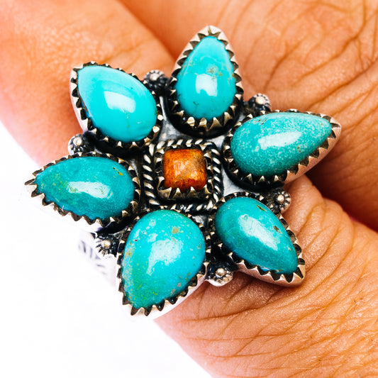 Turquoise and sponge coral cluster ring in .925 sterling silver, size 6 adjustable