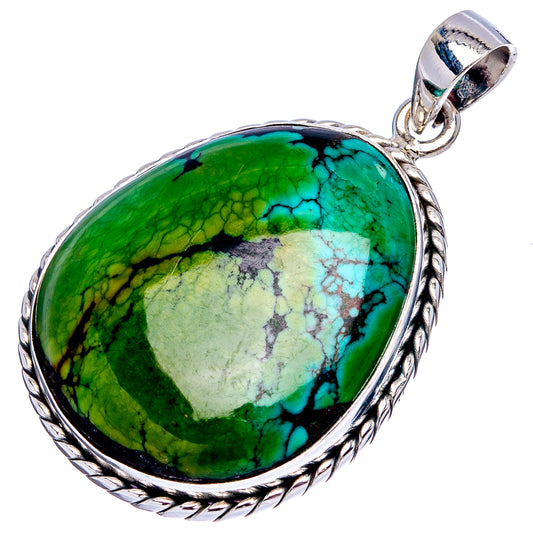 Oval turquoise pendant with rope-edge silver bezel and top bail, green-blue stone