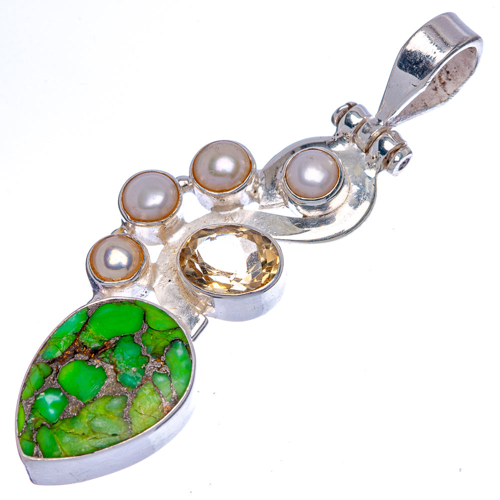 Sterling silver pendant with green turquoise teardrop, cultured pearls and citrine stone