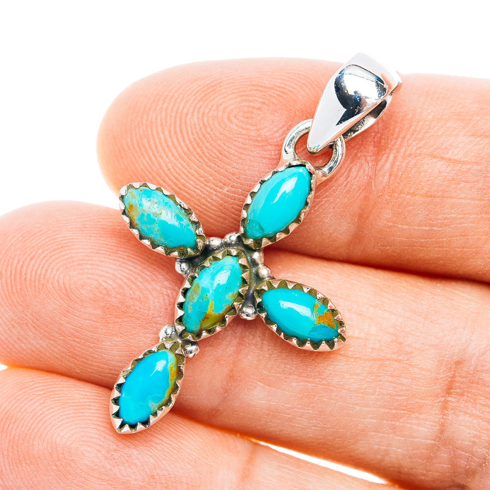 Southwestern Style Mohave Turquoise Cross Pendant 1 1/2" (.925 Sterling Silver)