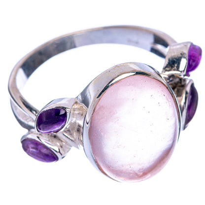 Rose quartz and amethyst 925 sterling silver ring, oval pink center with purple side stones