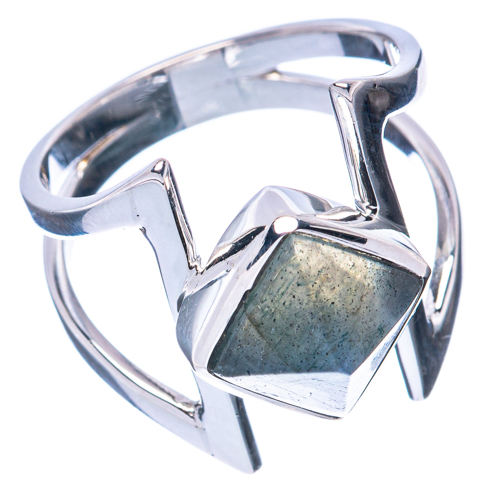 Sterling silver ring with square labradorite cabochon and openwork geometric setting
