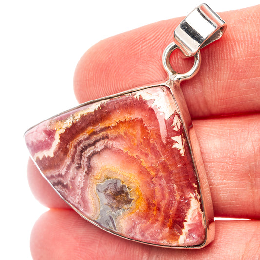 Sterling silver rhodochrosite pendant, triangular red stone with banded rose-gold