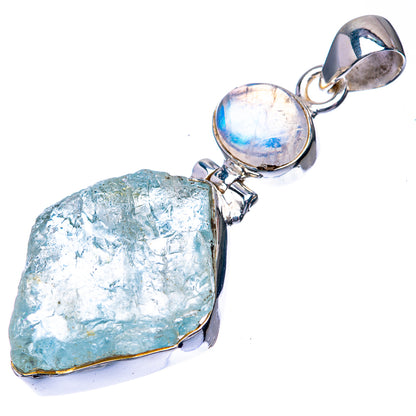 Raw Aquamarine, Rainbow Moonstone 925 Sterling Silver Pendant 2" (925 Sterling Silver) PD38620