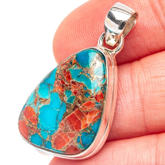 Sterling silver coral matrix teardrop pendant with turquoise, red, and gold flecks