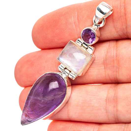 925 sterling silver pendant with teardrop amethyst and rainbow moonstone accents