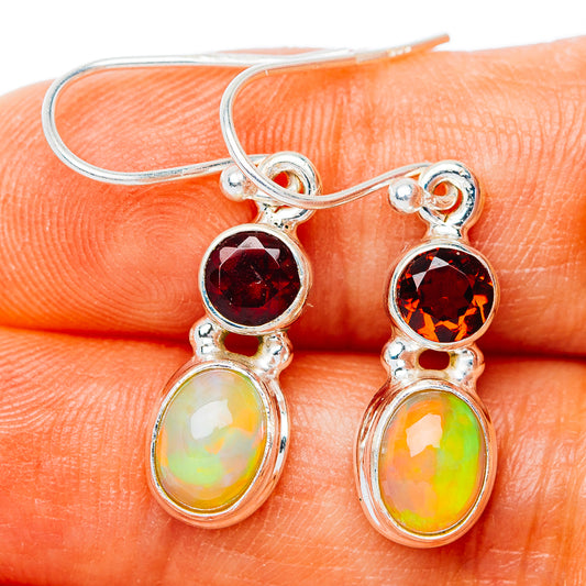 Ethiopian Opal, Garnet Earrings 1 1/4" (.925 Sterling Silver)