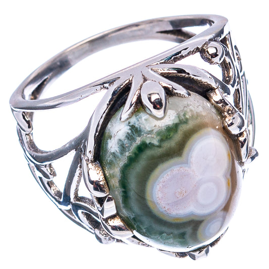 Sterling silver ring with ocean jasper oval cabochon and filigree side details