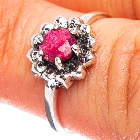 Sterling silver ring with red sillimanite, faceted pink stone and claw prongs, size 6.