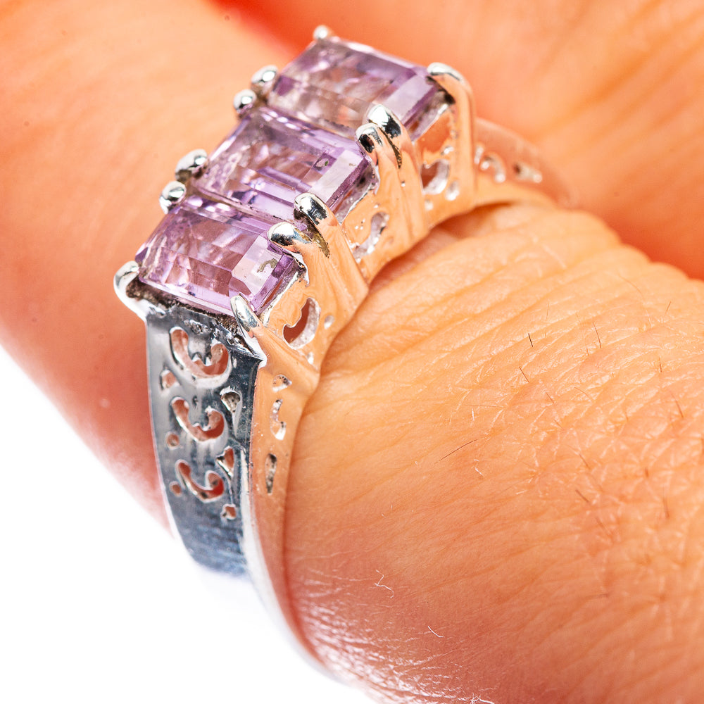 Sterling silver dainty ring with four faceted pink amethyst stones and ornate side details