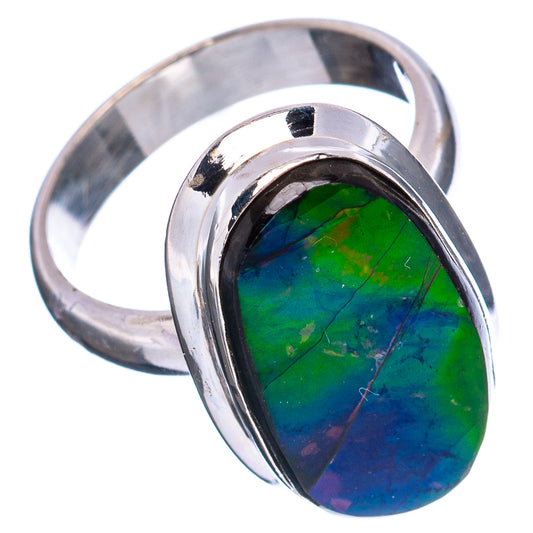 Oval ammolite cabochon ring, .925 sterling silver band; green and blue iridescence