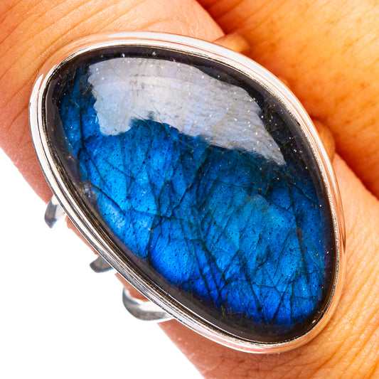 Sterling silver labradorite oval bezel ring with vivid blue flash stone
