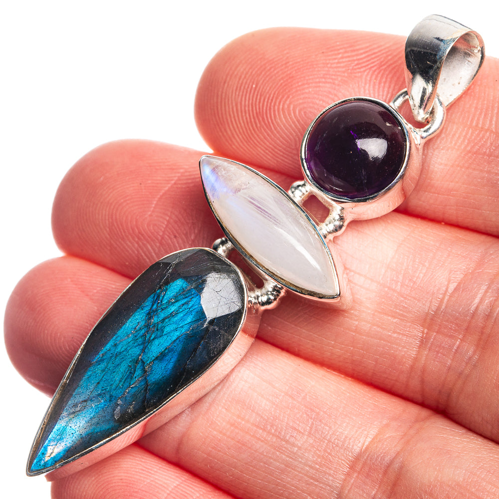 Labradorite, Rainbow Moonstone, Amethyst 925 Sterling Silver Pendant 2 1/4"