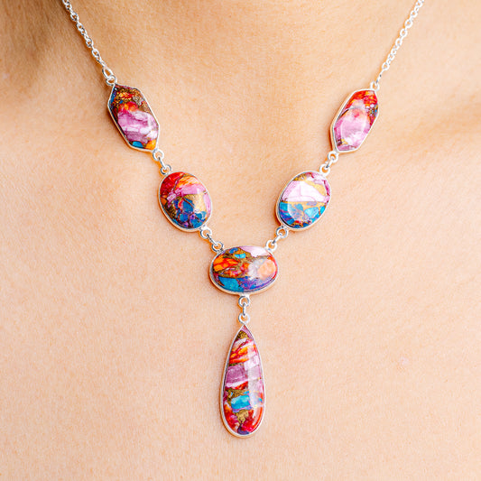 925 sterling silver necklace with multicolor teardrop opal-style pendants and links