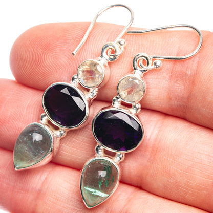 Aquamarine, Amethyst, Rainbow Moonstone Earrings 1 3/4" (925 Sterling Silver) E432588