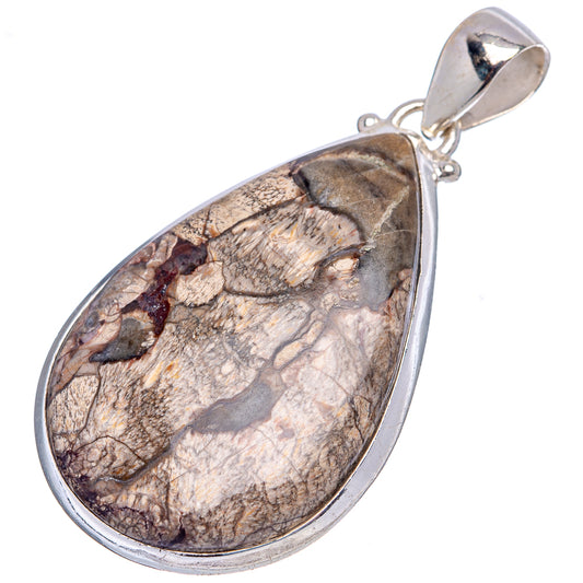 Teardrop rhyolite stone pendant in .925 sterling silver frame, front view