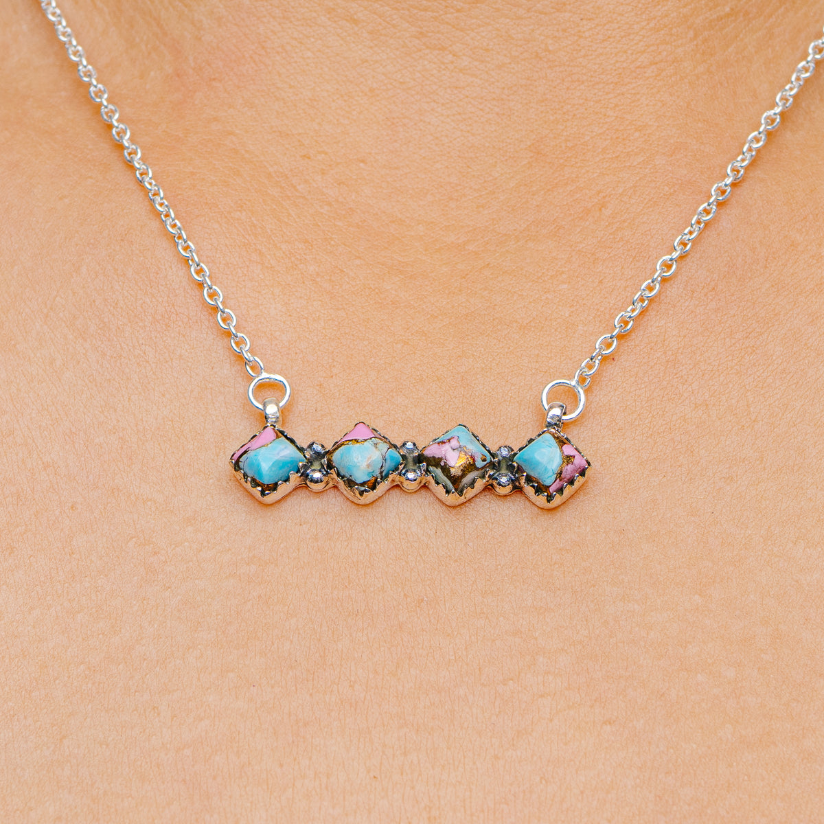 Southwestern Style Cotton Candy Turquoise Necklace 17 to 19" (.925 Sterling Silver)