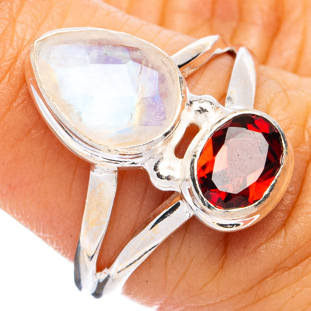 Rainbow Moonstone, Garnet Ring Size 7.25 (925 Sterling Silver) R8241