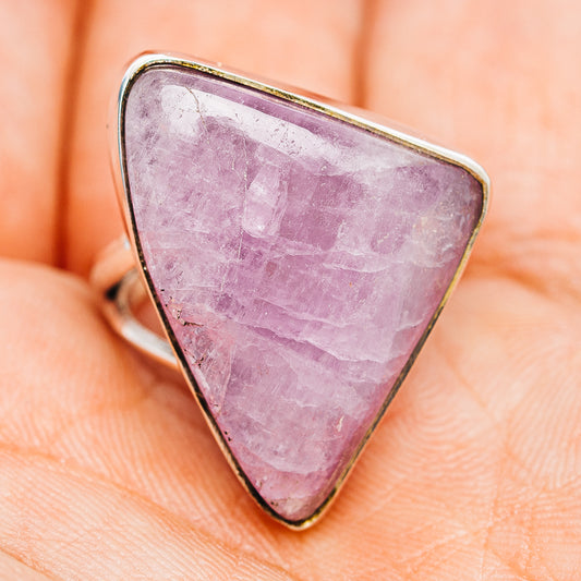 Triangular lavender kunzite ring in .925 sterling silver, front view on finger