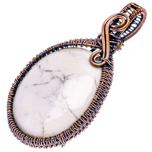 Howlite teardrop wire-wrap pendant, oxidized copper frame, white stone with gray veining
