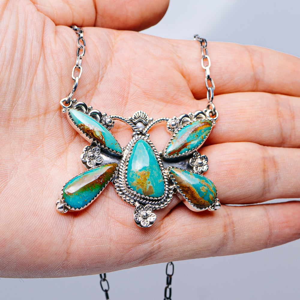 Southwestern Style Pilot Mountain Turquoise Butterfly Necklace 9 to 19" (.925 Sterling Silver)