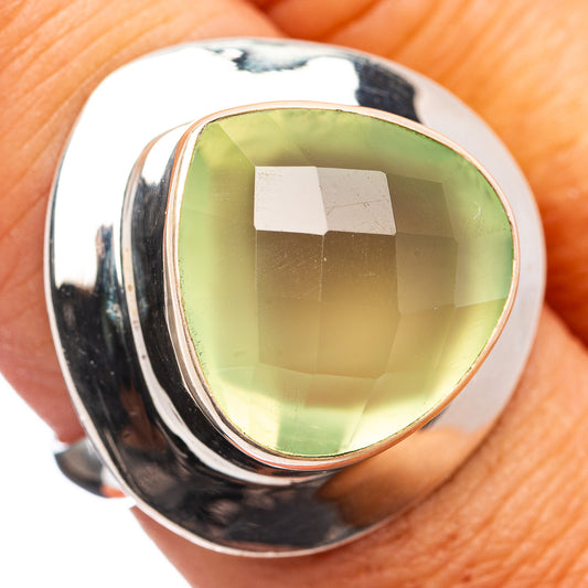 Sterling silver prehnite ring with large green faceted oval gemstone