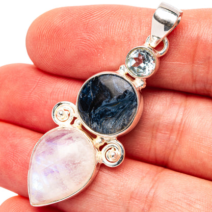 Premium Pietersite, Rainbow Moonstone, Blue Topaz Pendant 2" (.925 Sterling Silver)