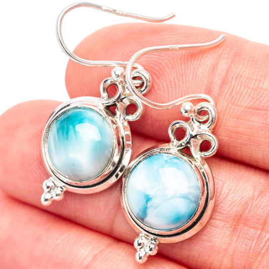 Round larimar cabochon drop earrings in .925 sterling silver, ornate hooks