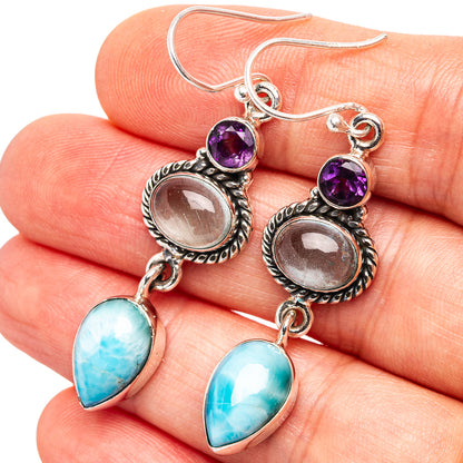 Premium Larimar, Aquamarine, Amethyst Earrings 2" (.925 Sterling Silver)