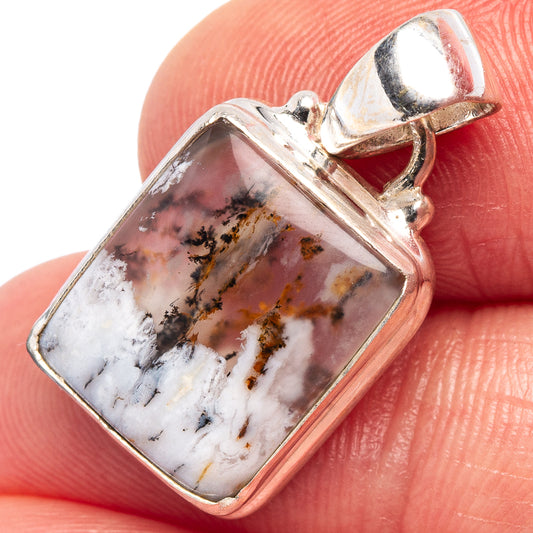 Dendritic agate pendant in .925 sterling silver, rectangular stone with black-brown dendrites
